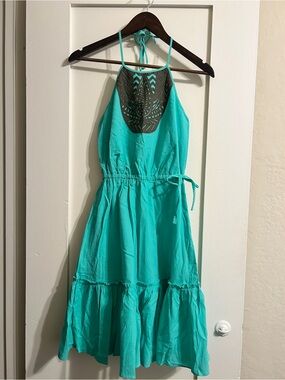 Banana Republic Teal Backless Halter Dress with Brown Applique